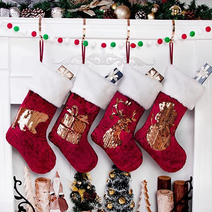 Gold Sequin Christmas Stockings, Set of 4