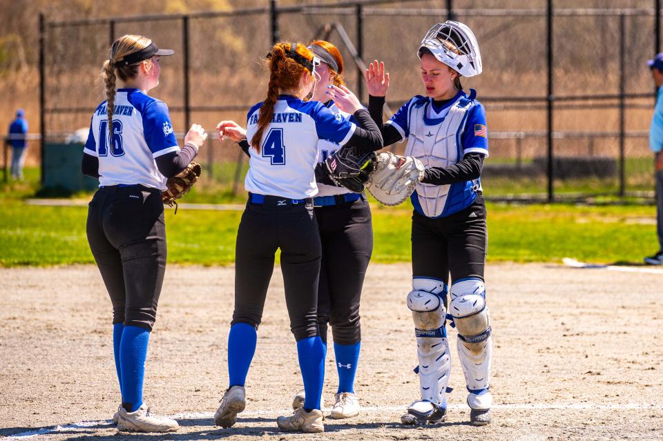 The Blue Devils get ready to start the inning in the field.