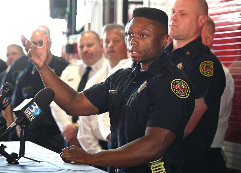 Firehouse 16 firefighter Chris McMillan was one of the critical crew members who responded to the 5-alarm fire on Liberty Row Rd. on Thursday, May 18, 2023. Representatives from Station 10 and Firehouse 16 attended a press conference where they discussed their roles in battling the fire at Station 10 on Thursday, May 25, 2023.