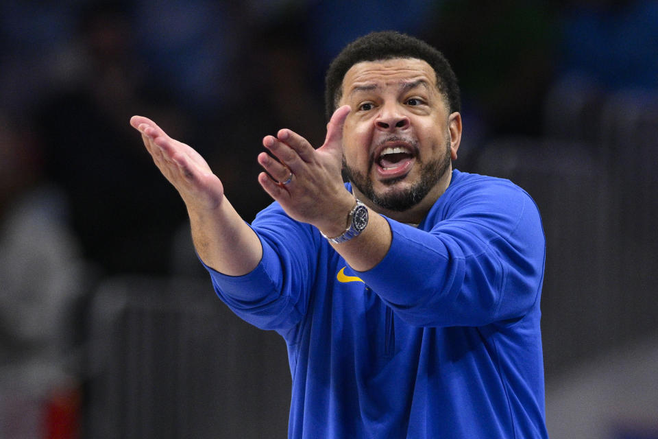 FILE - Pittsburgh head coach Jeff Capel reacts during the second half of an NCAA college basketball game against North Carolina in the semifinal round of the Atlantic Coast Conference tournament Friday, March 15, 2024, in Washington. Black coaches in the top six men's college basketball leagues are still facing a tough climb in going from assistant to the head job. (AP Photo/Nick Wass, File)