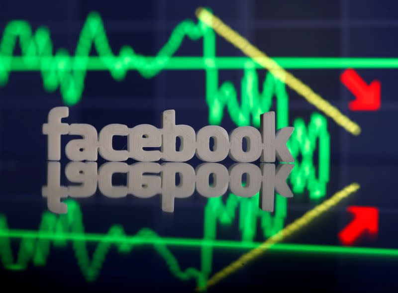 FILE PHOTO: A 3D-printed Facebook logo is seen in front of displayed stock graph