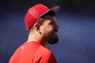 Philadelphia Phillies left fielder Kyle Schwarber takes part in batting practice before Game 3 of baseball's National League Division Series against the Atlanta Braves, Friday, Oct. 14, 2022, in Philadelphia. (AP Photo/Matt Slocum)