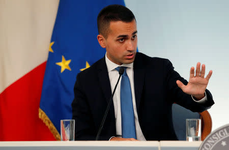 Italy's Minister of Labor and Industry Luigi Di Maio speaks during a news conference after a cabinet meeting at Chigi Palace in Rome, Italy, October 20 2018. REUTERS/Remo Casilli