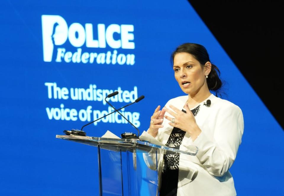 Home Secretary Priti Patel speaking at the annual conference of the Police Federation of England and Wales at the Central Convention Complex in Manchester (Danny Lawson/PA) (PA Wire)