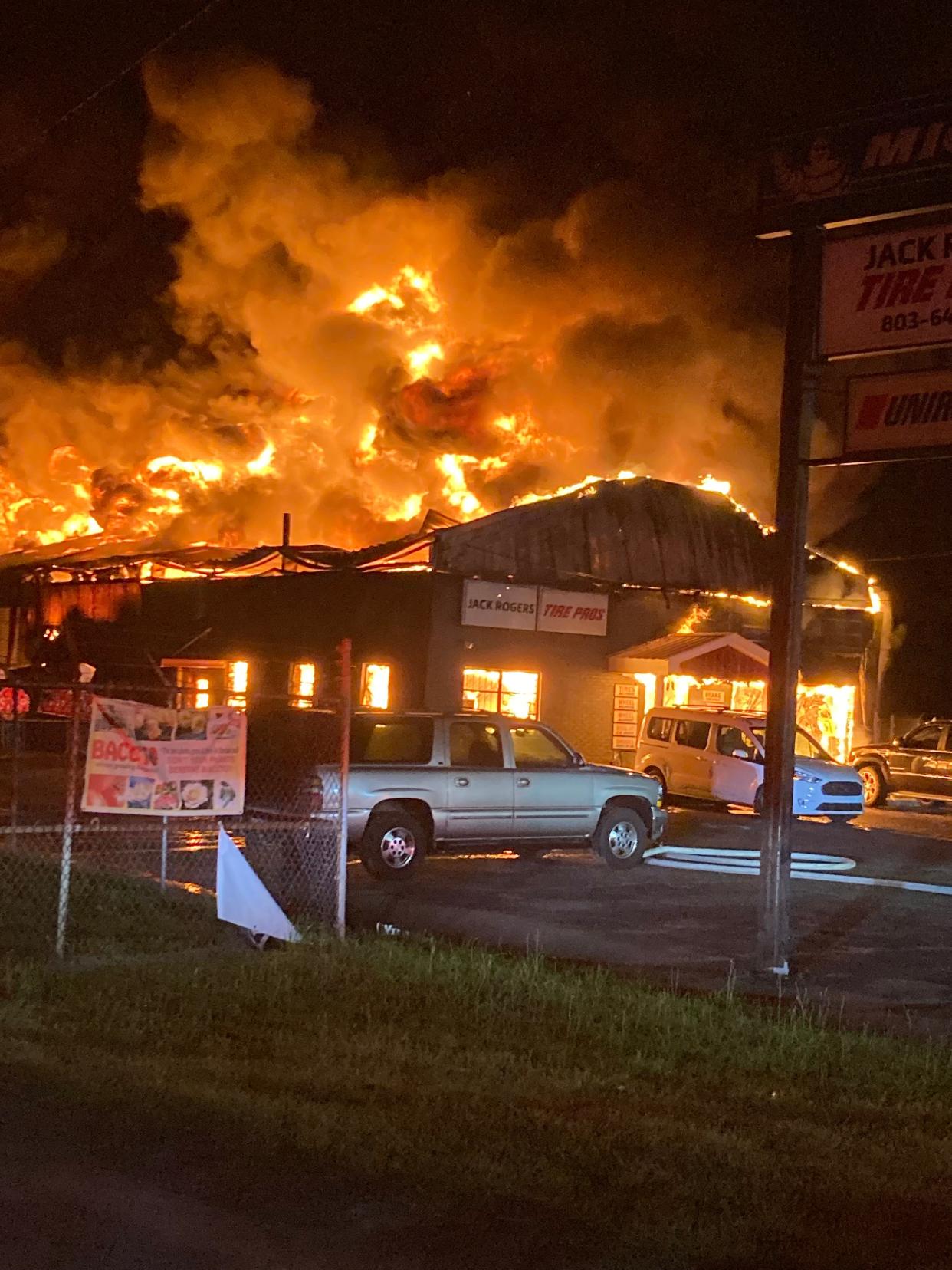 Jack Rogers Tire Pros on Richland Avenue East in Aiken burned to the ground early Monday.