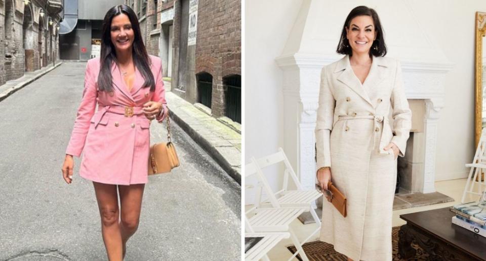 The Real Housewives of Sydney star Krissy Marsh in short pink trench coat in a street and The Real Housewives of Sydney star Nicole O’Neil in a long cream trench coat in front of a white fire place