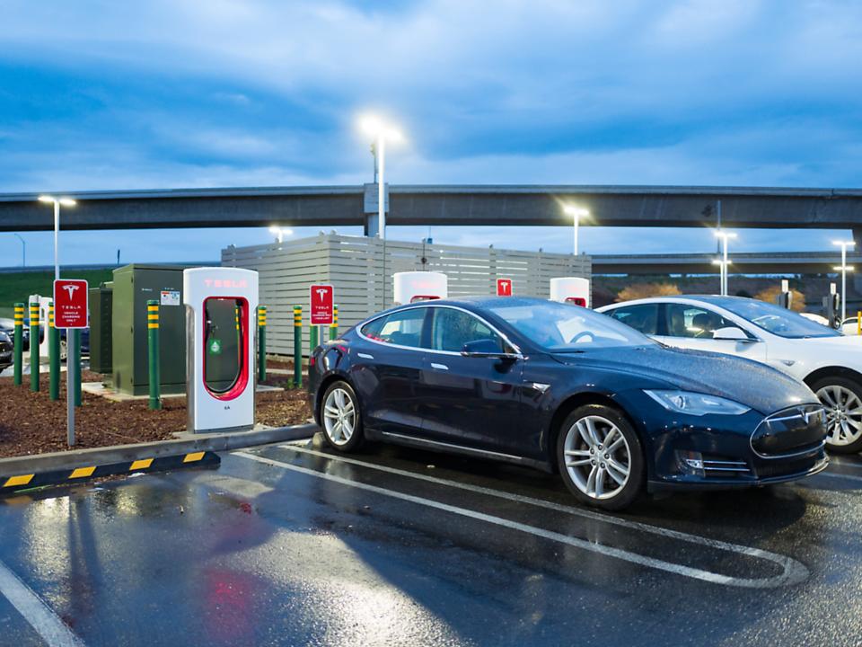 Tesla charging at Supercharger in Pleasanton, California.