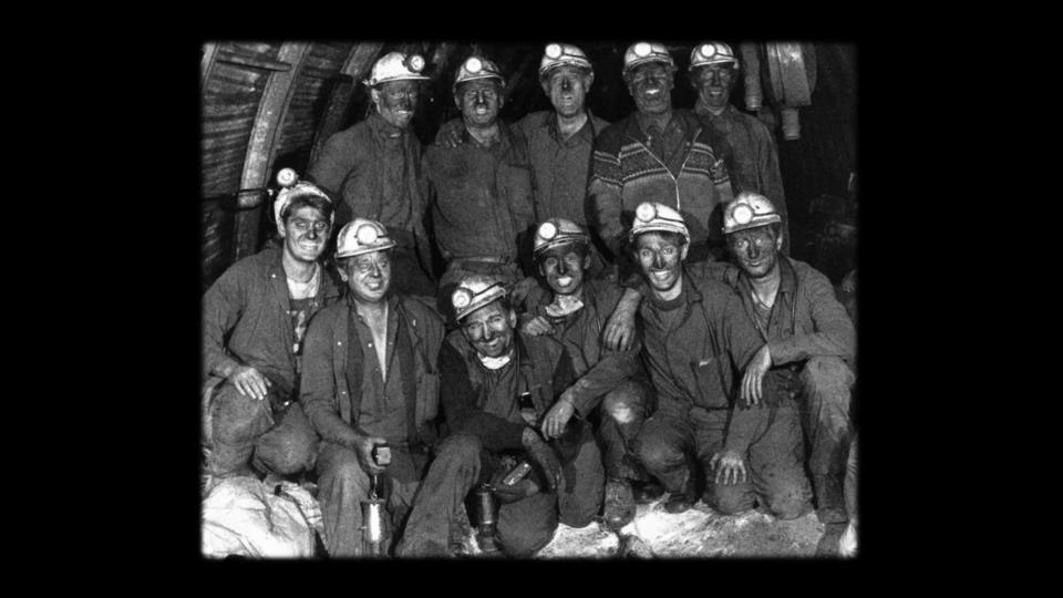 Wrexham miners posing for a black and white photo