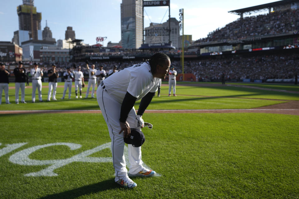 Detroit Tigers' Miguel Cabrera reacts to fans after taken out of a baseball game in the eighth inning against the Cleveland Guardians, Sunday, Oct. 1, 2023, in Detroit. Cabrera will retire after the game. (AP Photo/Paul Sancya)