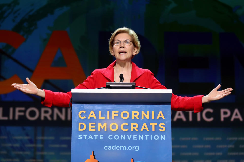 SAN FRANCISCO, CALIFORNIA - JUNE 1: Democratic presidential candidate U.S. Senator Elizabeth Warren (D-MA) speaks during Day 2 of the California Democratic Party Convention at the Moscone Convention Center in San Francisco, Calif., on Saturday, June 1, 2019. (Photo by Ray Chavez/MediaNews Group/The Mercury News via Getty Images)