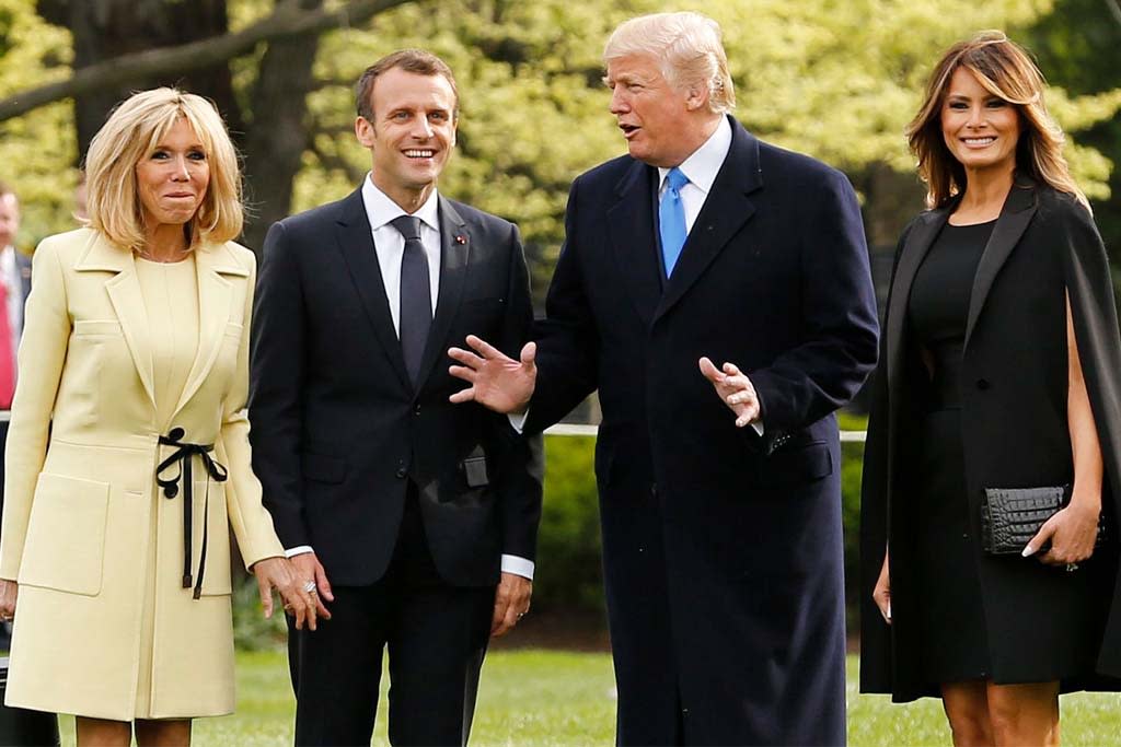 France's First Lady Pops in Red Dress & Graphic Block Heels With Melania  Trump