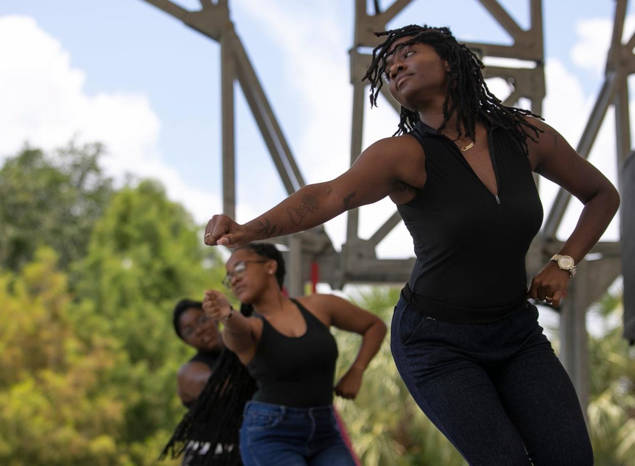 Members of the Quality Life Center dance group perform in front of the visiting crowd at 2022 Juneteenth festivities at Roberto Clemente Park in Fort Myers. Dancers include, from right, Julissa Jean Bart, Jurni Vincent and Kendrick Holloway. Juneteenth 2023 will be celebrated at events in Fort Myers and Naples on Saturday, June 17.