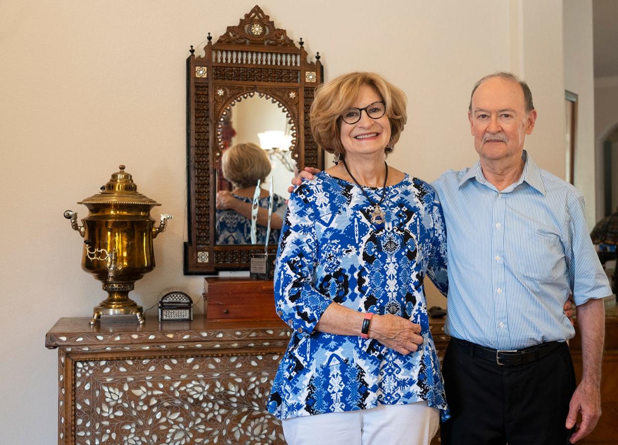 Kathleen and Joe Stafford at their home in Southwest Austin. Joe was a diplomat who worked for the foreign service in Africa, Asia and Europe. Trained as an artist, Kathleen produces art inspired by the countries where they lived. The couple was trapped in Iran after the revolution and were whisked out of the country by a scheme that was the subject of the Oscar-winning movie "Argo."