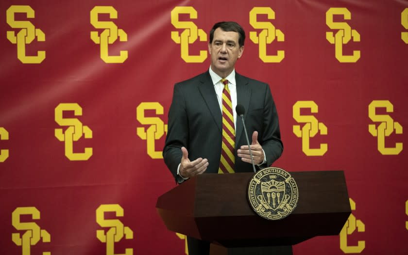 LOS ANGELES, CALIF. -- THURSDAY, NOVEMBER 7, 2019: New USC athletic director Mike Bohn speaks during news conference.