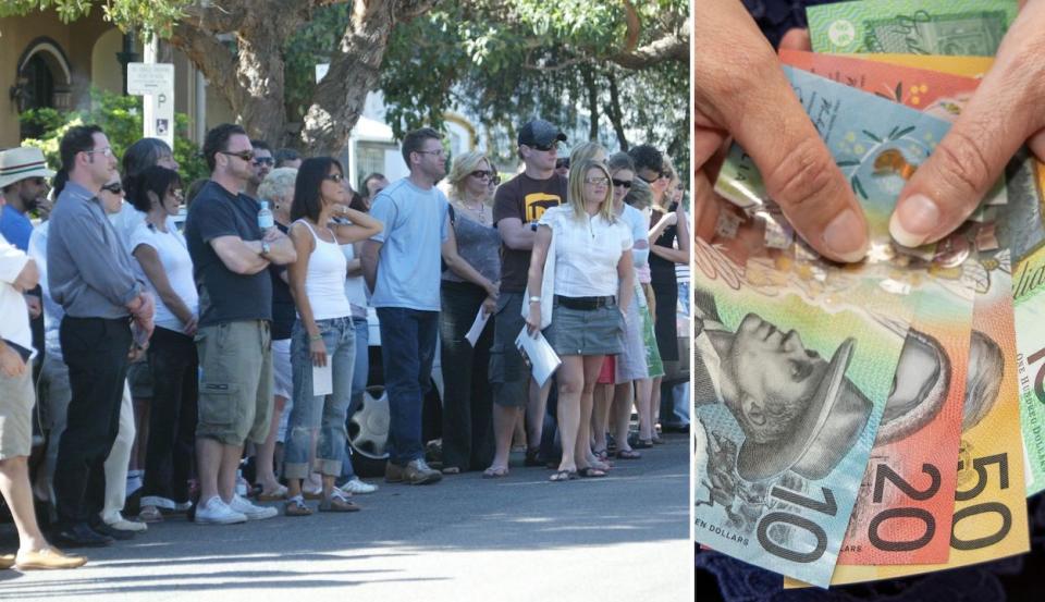 Compilation image of crowd standing watching a property auction and hands holding fanned out cash to represent mortgage rate