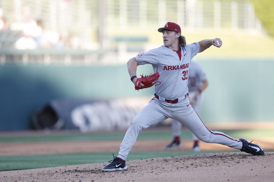 Hagen Smith fires a pitch in Arkansas baseball's 5-3 win over Alabama earlier this season.