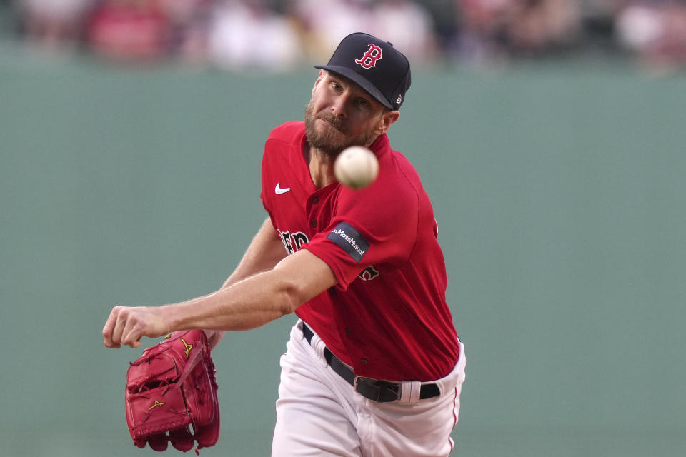 Boston Red Sox's Chris Sale delivers a pitch to a Cincinnati Reds batter during the first inning of a baseball game Thursday, June 1, 2023, in Boston. (AP Photo/Steven Senne)