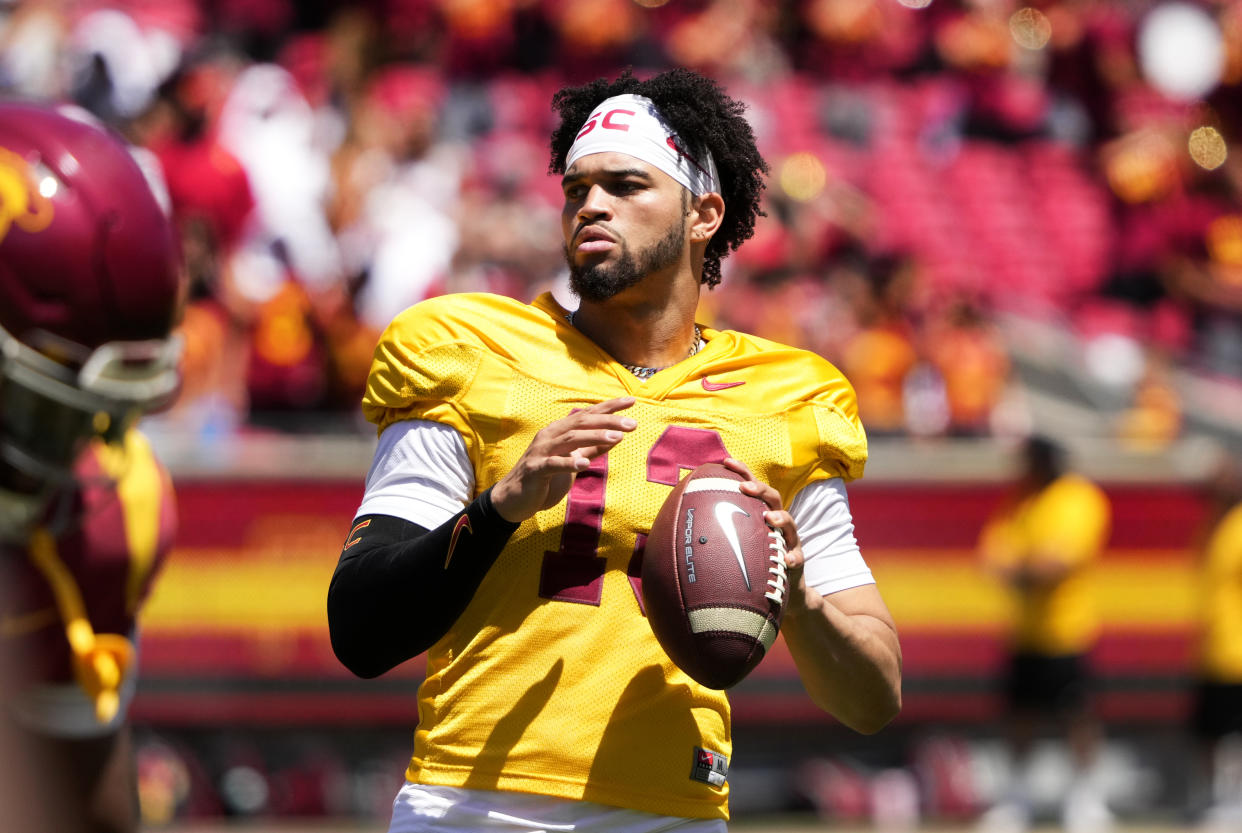 Quarterback Caleb Williams transferred from Oklahoma to USC this season, and he brings sky-high expectations with him to Los Angeles. (Photo by Keith Birmingham/MediaNews Group/Pasadena Star-News via Getty Images)