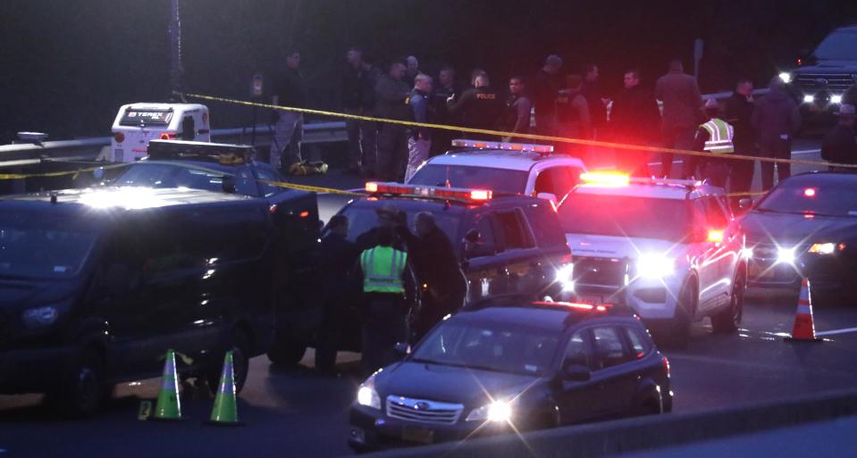 NY State troopers investigate a fatal shooting by police on the NT State Thruway in Hillburn, near the 4th Street bridge Jan. 3, 2024.