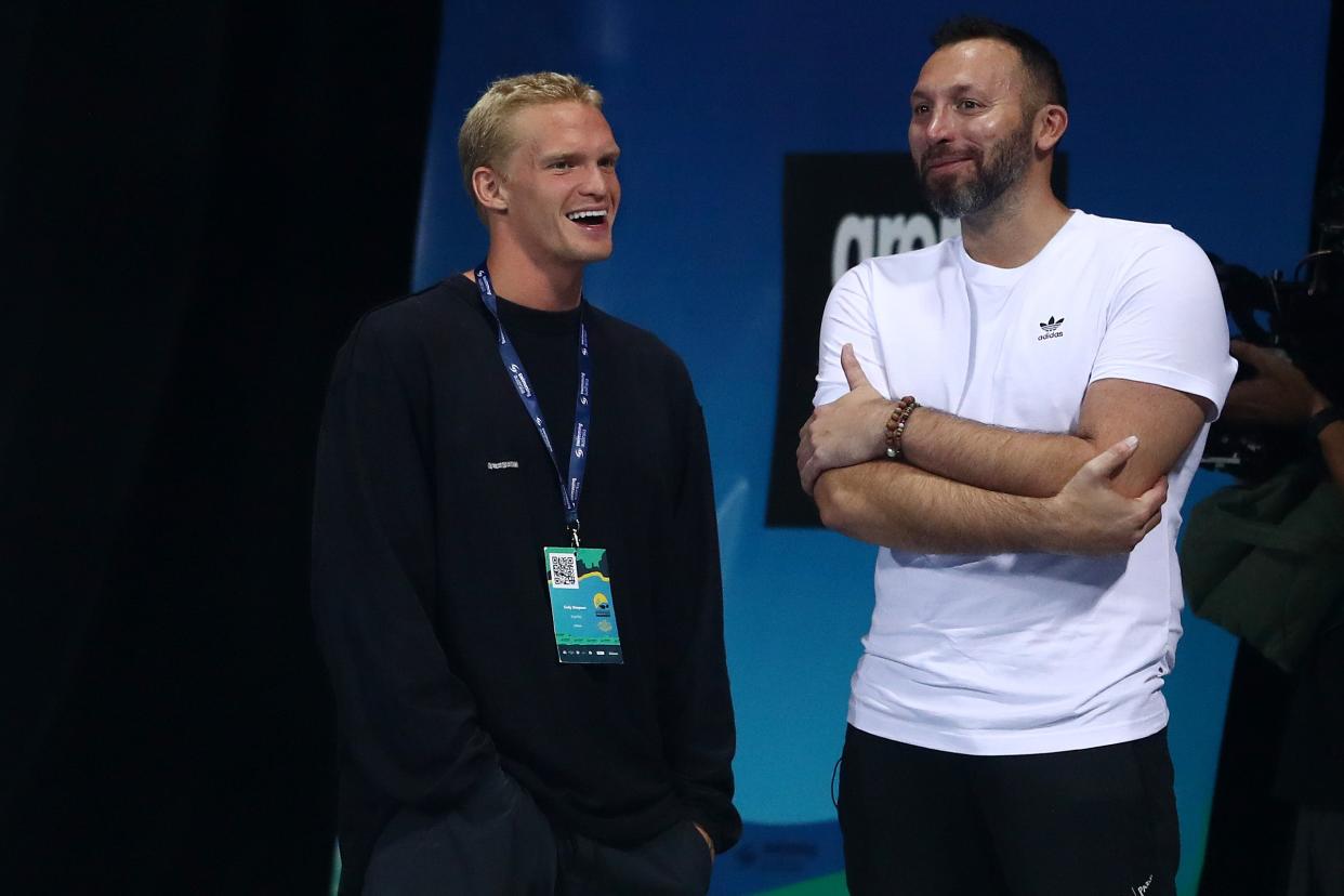 Cody Simpson and Ian Thorpe talk during the 2021 Australian Swimming Championships at the Gold Coast Aquatic Centre on April 15, 2021 in Gold Coast, Australia.  (Getty Images)