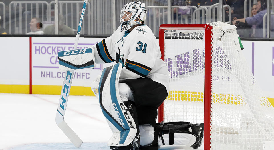 BOSTON, MA - OCTOBER 29: San Jose Sharks goalie Martin Jones (31) takes a breather in goal during a game between the Boston Bruins and the San Jose Sharks on October 29, 2019, at TD Garden in Boston, Massachusetts. (Photo by Fred Kfoury III/Icon Sportswire via Getty Images)
