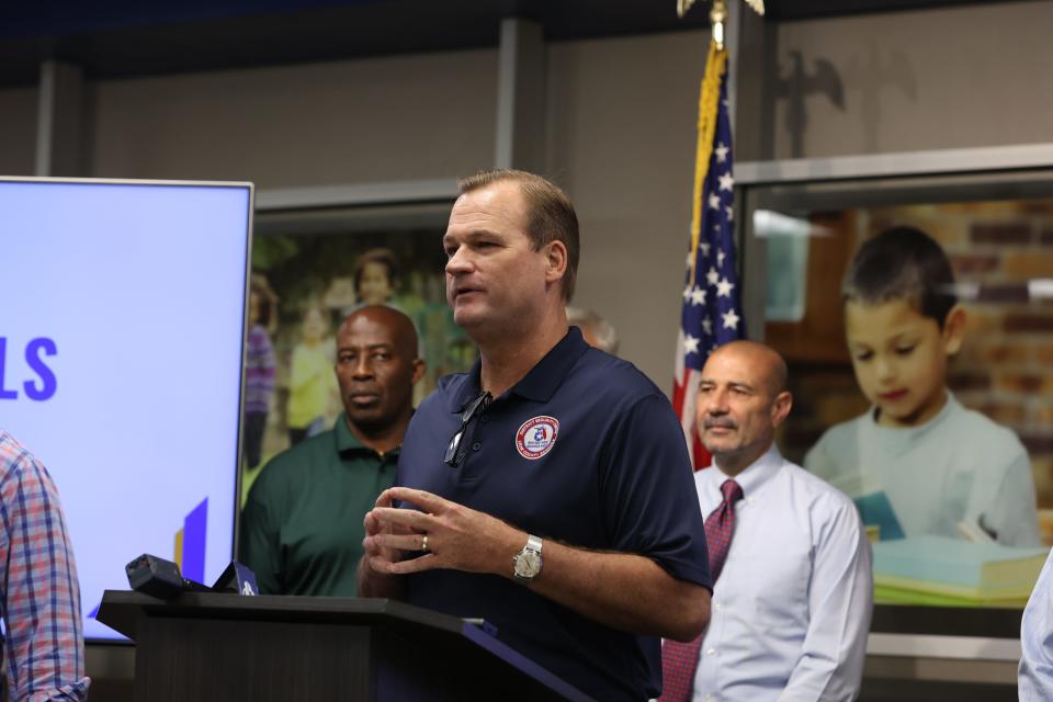 Leon County Schools Chief of Safety and Security Jimmy Williams speaks at a press conference at the district's safety and security portable on Tuesday, Dec. 6, 2022.