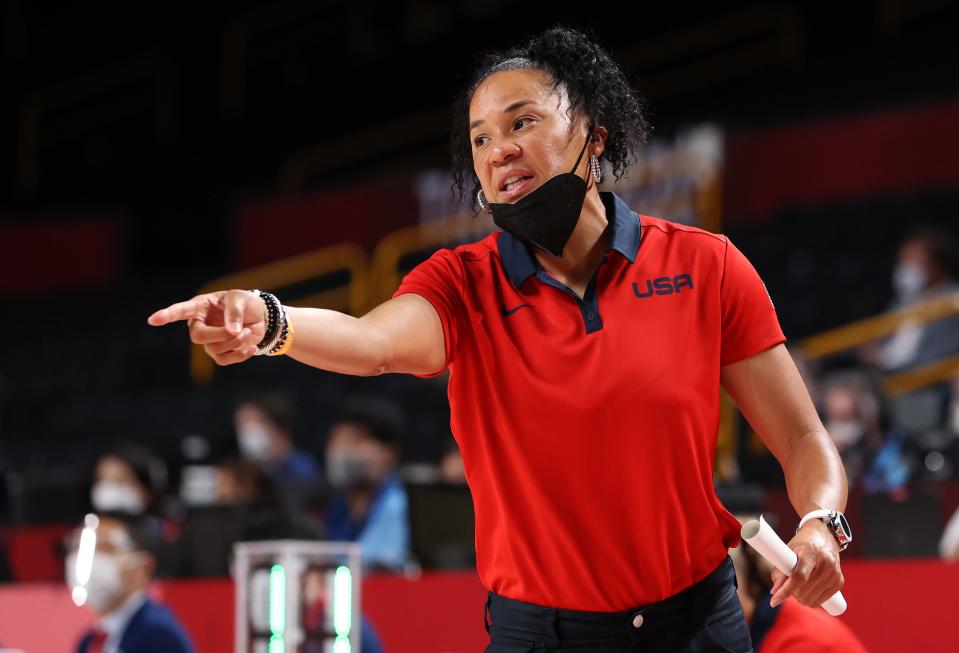 Team USA head coach Dawn Staley signals to her team during the first half of the gold medal game in Tokyo.