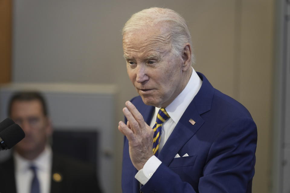 President Joe Biden speaks at the IBEW Local 26 union, Wednesday, Feb. 15, 2023, in Lanham, Md. (AP Photo/Alex Brandon)