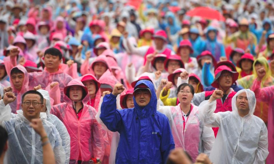 South Korean protesters shout slogans during an anti-US rally for peace in Seoul.