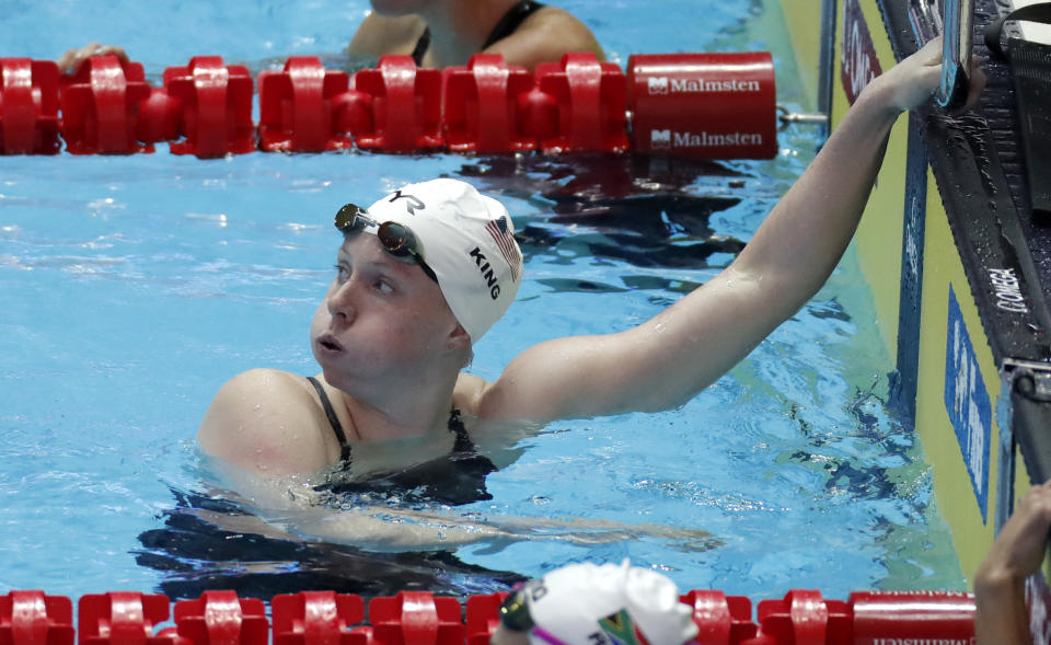 United States' Lilly King reacts after her womens' 200m breaststroke heat at the World Swimming Championships in Gwangju, South Korea, Thursday, July 25, 2019. (AP Photo/Lee Jin-man )