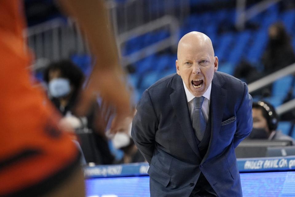 UCLA coach Mick Cronin shouts instructions to his players during the first half of the Bruins' win over Oregon State.