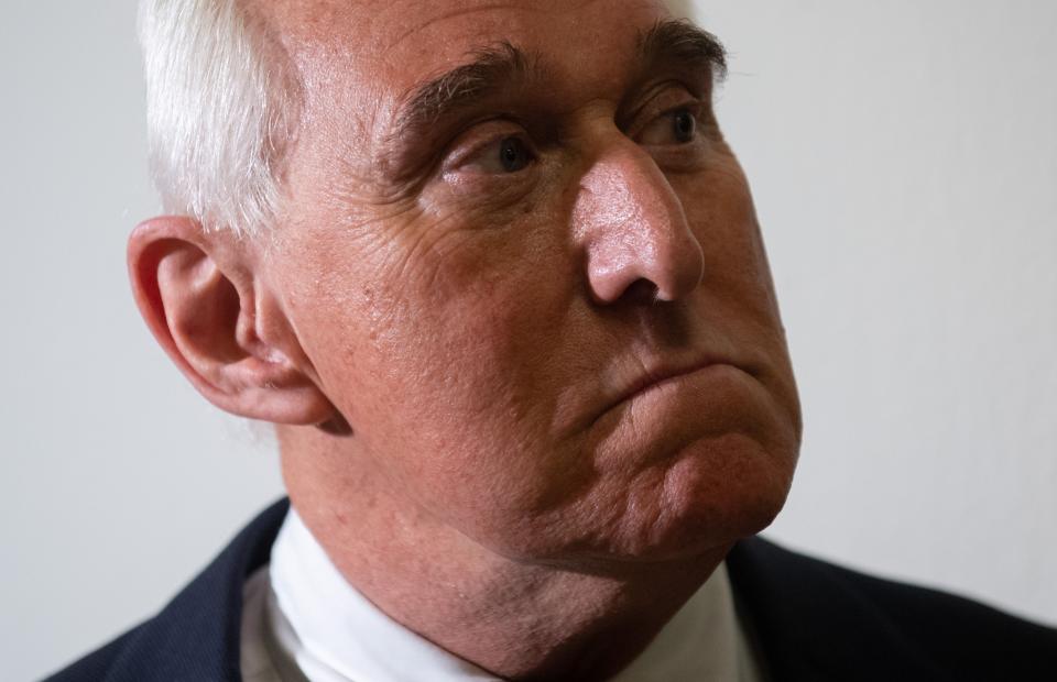 In this file photo taken on December 11, 2018 Political Strategist Roger Stone stands outside the hearing room prior to testimony by Google CEO Sundar Pichai during a House Judiciary Committee hearing on Capitol Hill in Washington, DC, December 11, 2018.