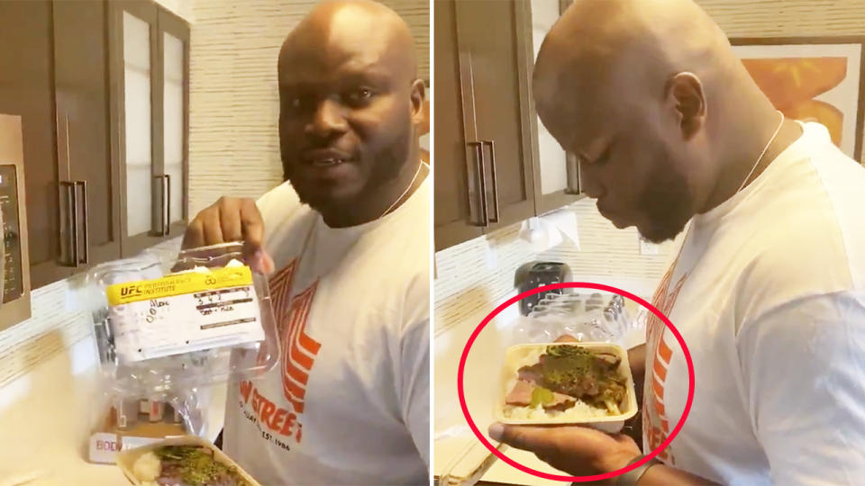 Derrick Lewis, pictured here spitting in Aleksei Oleinik's food.