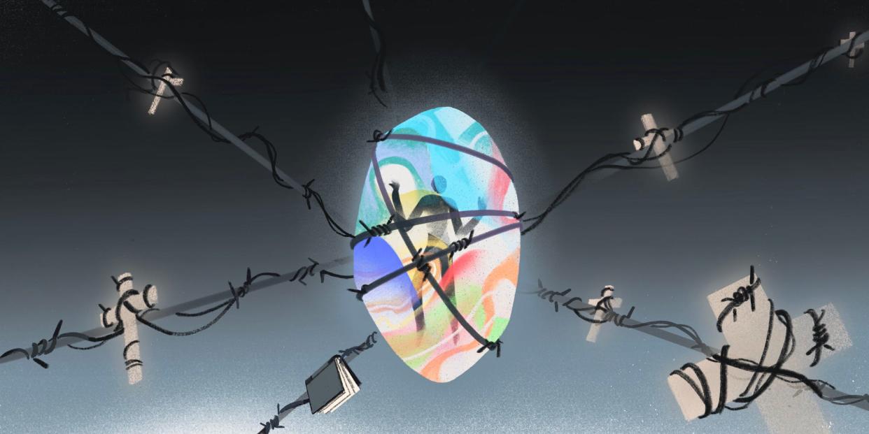 A figure trapped in a rainbow cocoon with barbed wire and crosses keeping them trapped