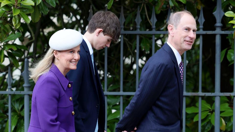 Duchess Sophie, James, Earl of Wessex and Prince Edward depart from the Easter Mattins Service at Windsor Castle