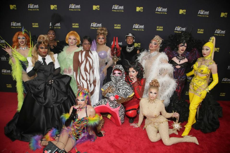 Amanda Tori Meating, Mhi’ya Iman Le’Paige, Sapphira Cristál, Plasma, Mirage, Hershii LiqCour-Jeté , Geneva Carr, Dawn, Xunami Muse, Megami, Morphine Love Dion, Plane Jane, Q, and Nymphia Wind attend the MTV RuPaul’s Drag Race Season 16 Premiere Extravaganza Presented by ViiV Healthcare at Hammerstein Ballroom on Jan. 4, 2024, in New York City. (Photo by Santiago Felipe/Getty Images for MTV)