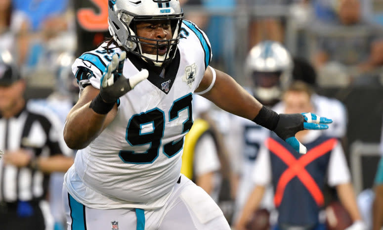 Carolina Panthers defensive lineman Gerald McCoy mid-play in a game.