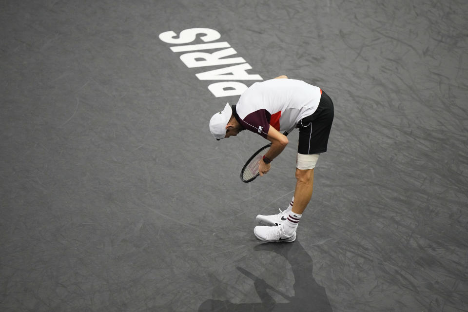 Bulgaria's Grigor Dimitrov reacts after missing point during the final match against Serbia's Novak Djokovic at the Paris Masters tennis tournament, Sunday, Nov. 5, 2023. (AP Photo/Michel Euler)