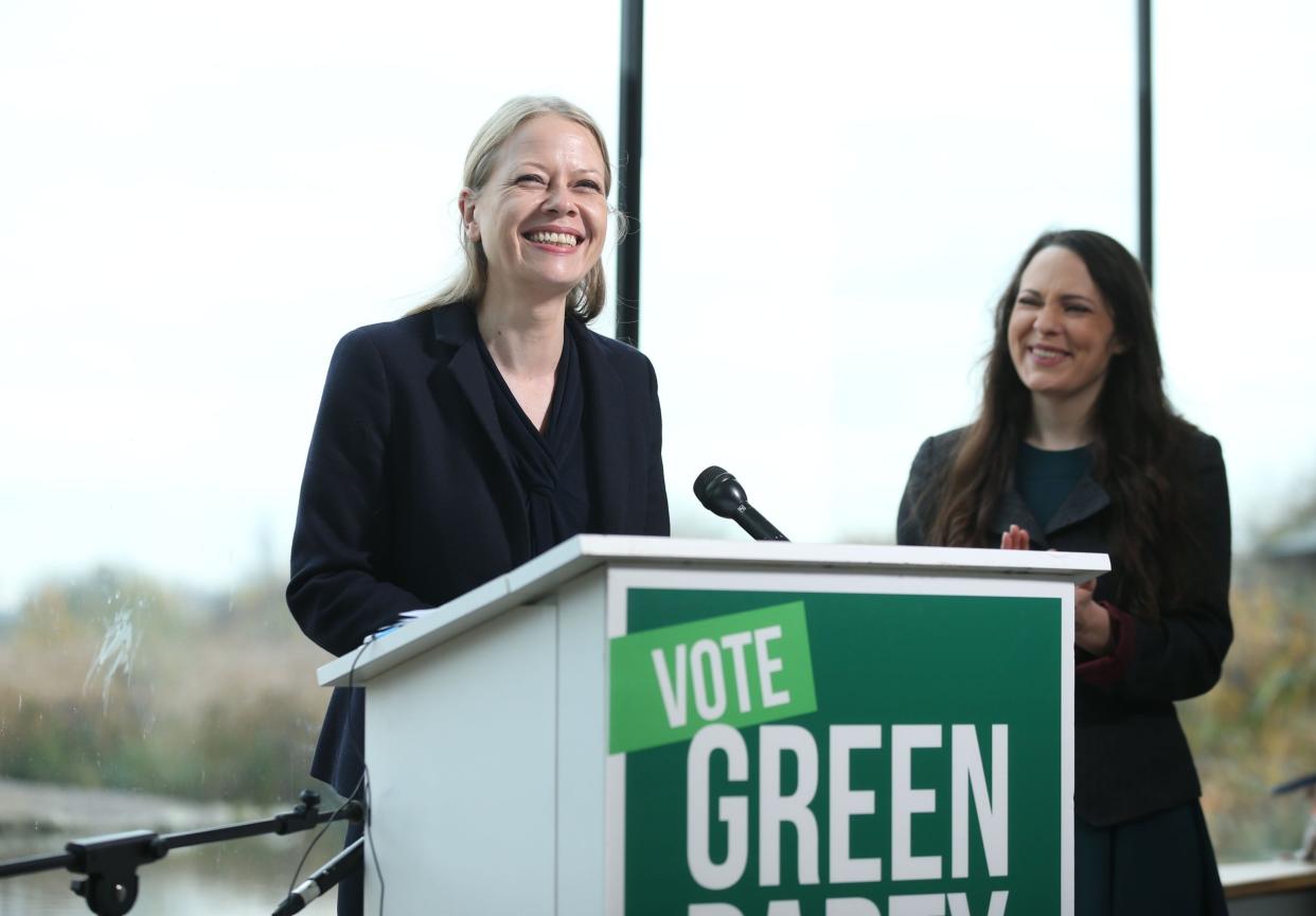 Green Party Co-Leader Sian Berry (left) and deputy leader Amelia Womack launching the party's manifesto: PA