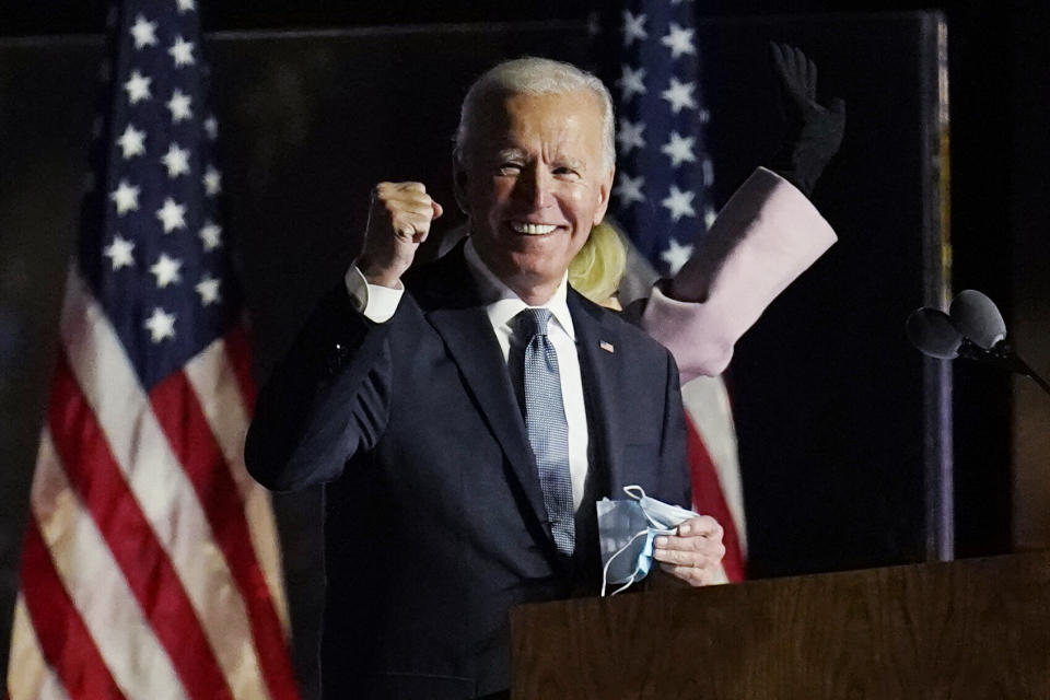 Former Vice President Joe Biden speaks to supporters early Wednesday. Later in the day, he won crucial swing states that mean he is in striking distance of the 270 electoral votes he needs to win the presidential election.  (Photo: AP Photo/Paul Sancya)