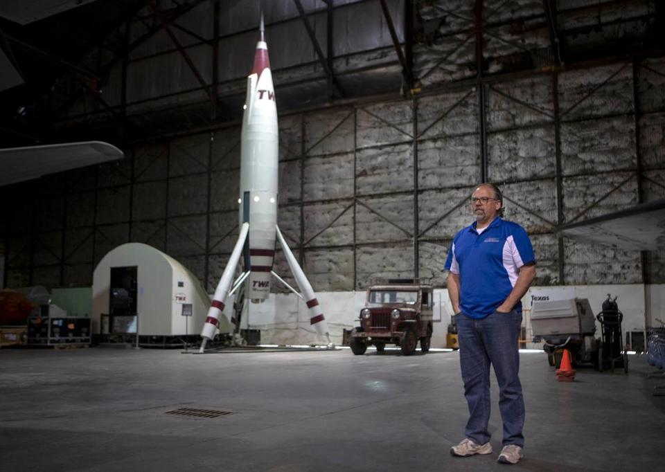John Roper with the TWA Moonliner in 2019. The rocket was Walt Disney and Howard Hughes’ vision of commercial space flight to the moon.