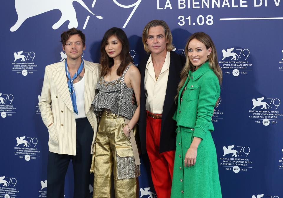 Harry Styles, Gemma Chan, Chris Pine, and director Olivia Wilde attend the photo call for Don't Worry Darling at the 79th Venice International Film Festival on September 05, 2022.