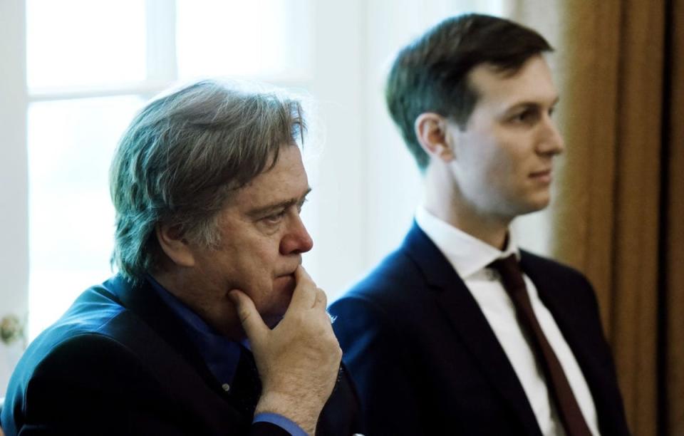 Steve Bannon and Jared Kushner at the White House in 2017 (Getty Images)