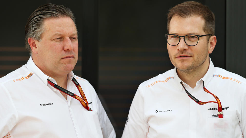 McLaren's Zak Brown and team principal Andreas Seidl are confident Daniel Ricciardo can get to grips with the car. (Photo by Charles Coates/Getty Images)