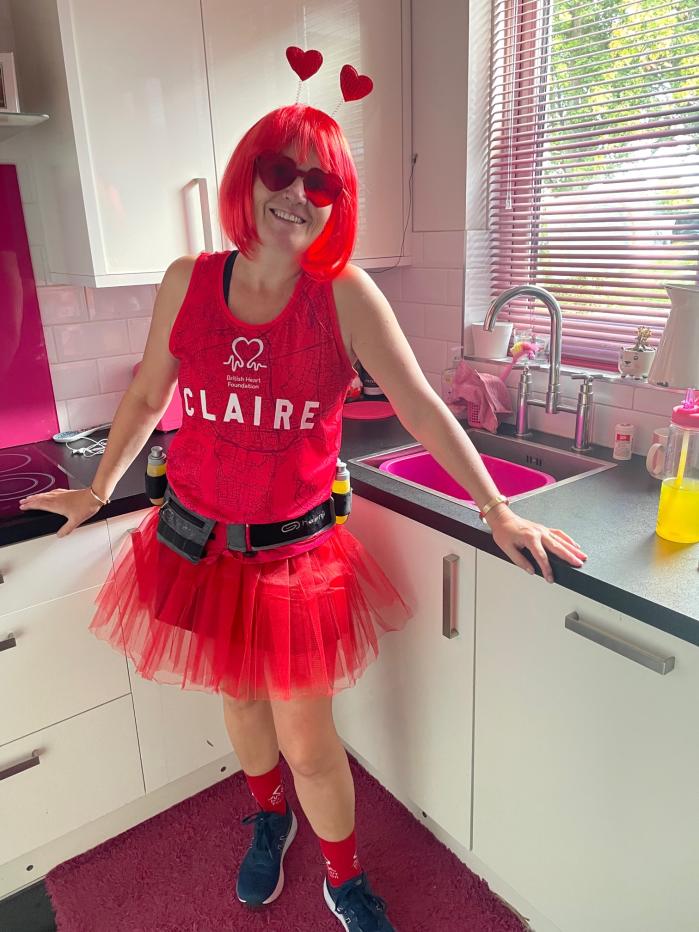 Claire will run the TCS London Marathon in a themed outfit to raise money for the British Heart Foundation
