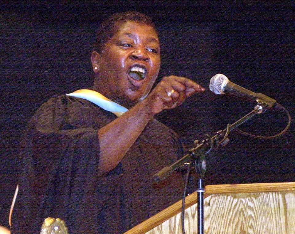 Guest speaker,  South Carolina Senator Maggie Wallace Glover motivates students with an inspirational speech during Fayetteville State's Fall Convocation at the Seabrook Auditorium in 2000.