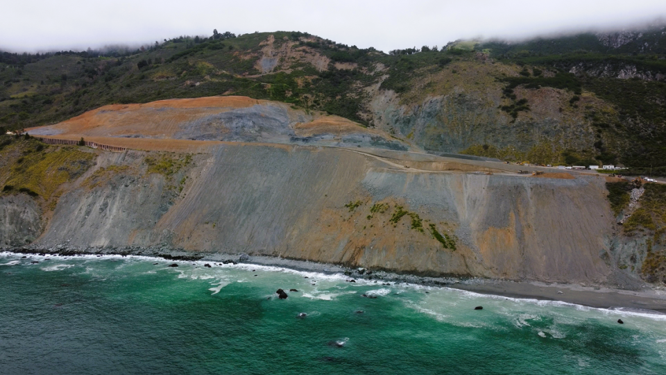 The new road at Paul’s Slide on Highway 1 will be higher than the original road, which allows construction crews to install better drainage systems under that half-mile section of the road.