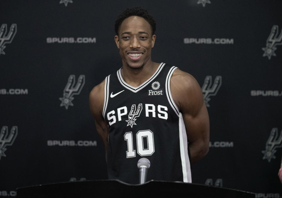 DeMar DeRozan couldn’t believe Spurs fans already honored him with a mural. (AP Photo)