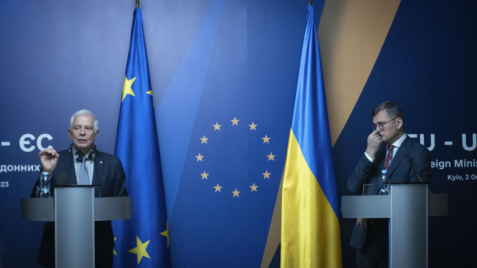 Ukrainian Foreign Minister Dmytro Kuleba, right, and EU High Representative for Foreign Affairs Josep Borrell attend their press conference during the informal EU Foreign Ministers meeting in Kyiv, Ukraine, Monday, Oct. 2, 2023. Some of Europe's top diplomats have gathered in Kyiv in a display of support for Ukraine's fight against Russia's invasion as signs emerge of political strain in Europe and the United States about the war. (AP Photo/Efrem Lukatsky)