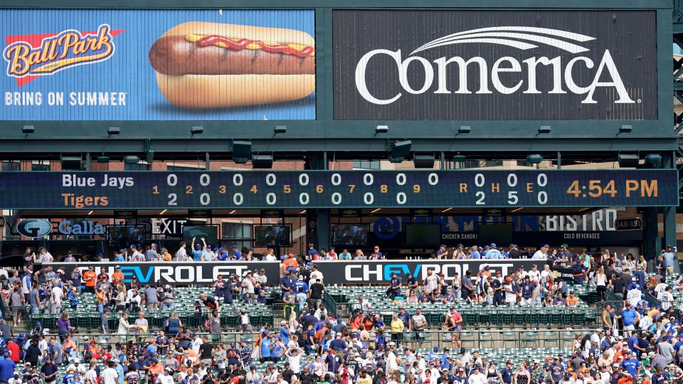 The scoreboard showing a Detroit Tigers no-hitter against the Toronto Blue Jays after a baseball game, Saturday, July 8, 2023, in Detroit. Detroit Tigers pitchers Matt Manning, Jason Foley, and Alex Lange combined to no-hit the Toronto Blue Jays in a 2-0 win.